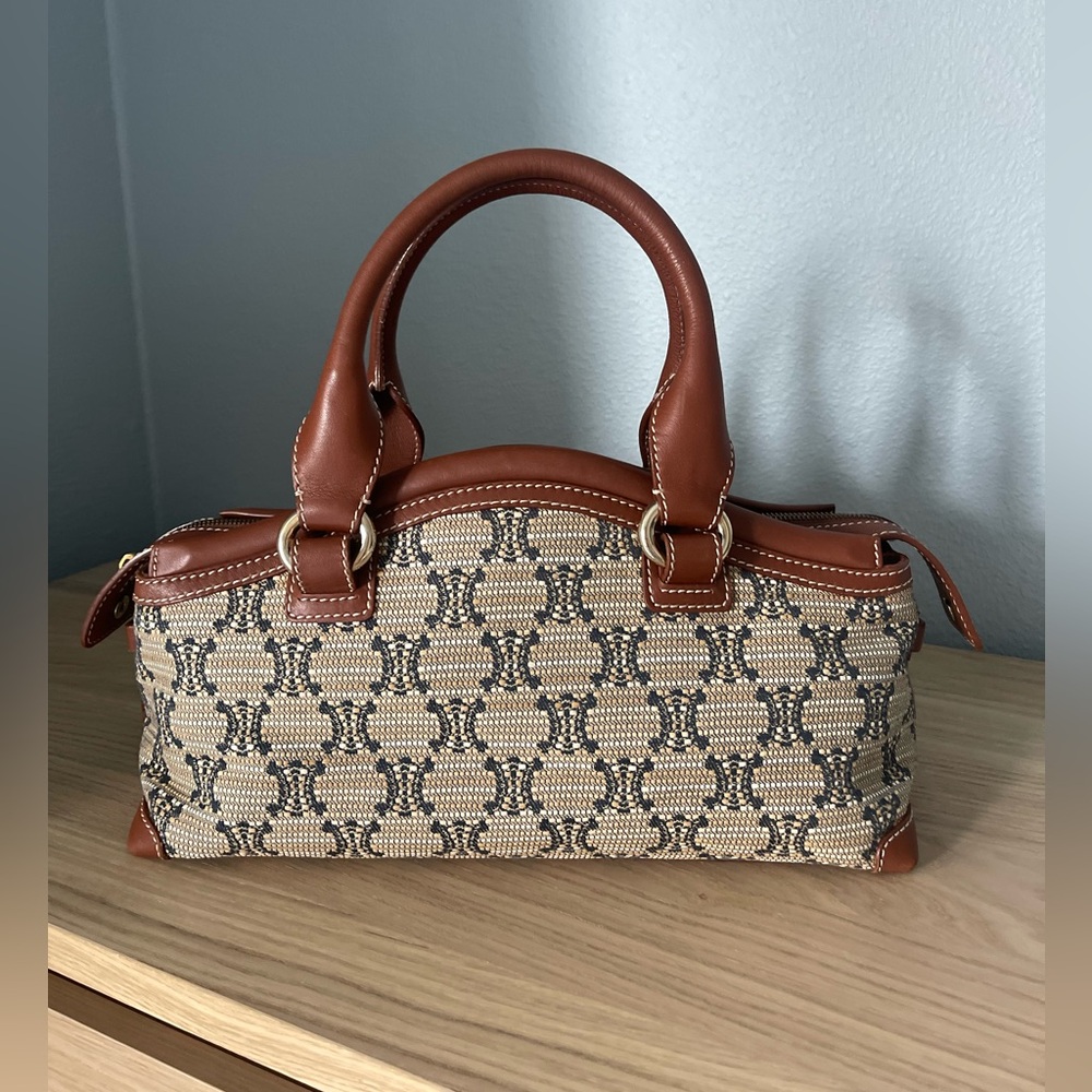 CELINE Ultra Rare Straw Raffia Macadam East West Panier Satchel Brown Beige Navy